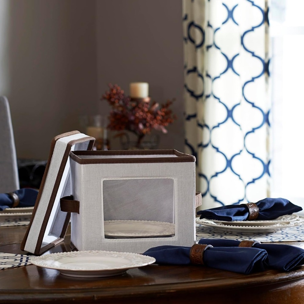 Household Essentials | Dinnerware Storage Box with Lid and Handles | plates
